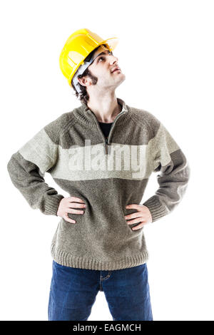 Alte Bauarbeiter tragen gelbe Helm Anordnen von fluoreszierenden