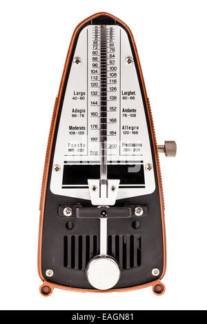 ein kleines Metronom isoliert auf einem weißen Hintergrund Stockfoto