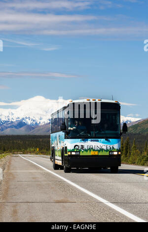 Tour-Bus am George Parks Highway mit Mt. Mckinley im Hintergrund, innen Alaska, Sommer. Stockfoto