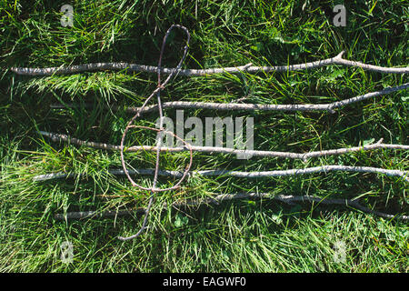 Musiknoten-Konzeption. Hölzerne Noten und Blätter Stockfoto