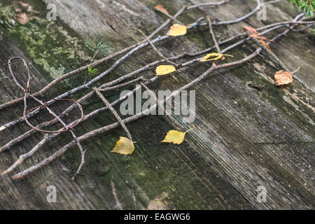 Musiknoten-Konzeption. Hölzerne Noten und Blätter Stockfoto