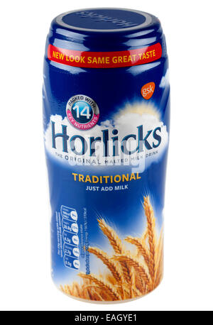 Container des ursprünglichen Horlicks traditionelle gemälzte Milchgetränk Stockfoto