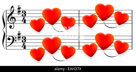 Liebeslied bestehend aus leuchtend roten Herzen anstelle von Noten. Stockfoto