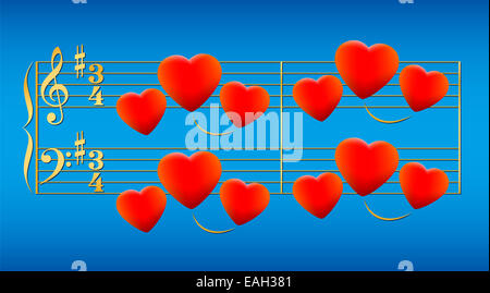Liebeslied bestehend aus leuchtend roten Herzen auf goldenen Notation Daube anstelle von Noten. Stockfoto