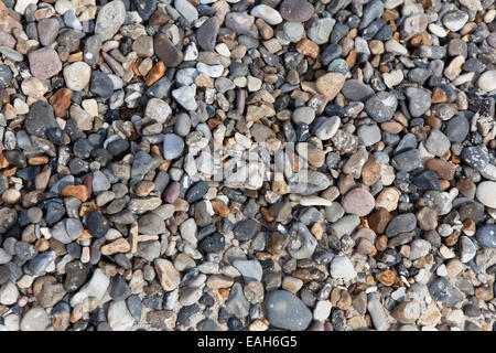 verschiedene bunte Kieselsteine am Strand Hintergrund Stockfoto