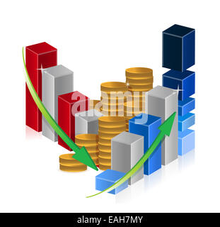 Rauf und runter, Business-Grafiken und Münzen Stockfoto