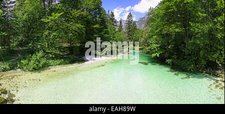 Panoramablick auf Sava Bohinjka Fluss in der Nähe von Bohinj See, Nationalpark Triglav, Julischen Alpen, Slowenien Stockfoto