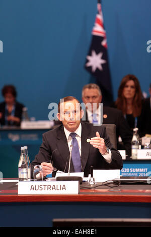 Brisbane, Australien. 15. November 2014. Australischer Premierminister Tony Abbott beherbergt die Eröffnungssitzung des G20-Gipfels in Brisbane, Australien, 15. November 2014. Bildnachweis: Pool/Xinhua/Alamy Live-Nachrichten Stockfoto