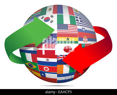 Globus und Pfeile Abbildung Flaggendesign über weiß Stockfoto