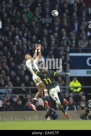 London, Middlesex, Großbritannien. 15. Nov 2014. November 15, 2014 England Wing ANTHONY WATSON steht für einen hohen Ball mit Südafrika Wing's BRYAN HABANA während der England-V - Südafrika match bei Twickenham Stadion: Steve Flynn - ZUMA Drücken Sie Credit: Steve Flynn/ZUMA Draht/Alamy leben Nachrichten Stockfoto