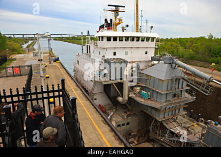 Großen Massengutfrachter Schiff Eingabe Lock 3 des Welland Kanäle Systems mit Besuchern auf der Suche auf im Musée St Catharines, Wella Stockfoto