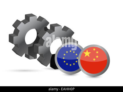 Europäischen Union und chinesischen Flaggen auf ein Getriebe Stockfoto