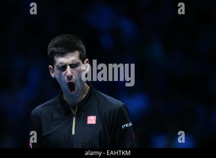 London, UK. 15. November 2014. Novak Djokovic Serbien reagiert in seinem Halbfinale der ATP World Tour Finals gegen Kei Nishikori von Japan in London, UK, am 15. November 2014. Novak Djokovic gewann 2: 1. Bildnachweis: Han Yan/Xinhua/Alamy Live-Nachrichten Stockfoto