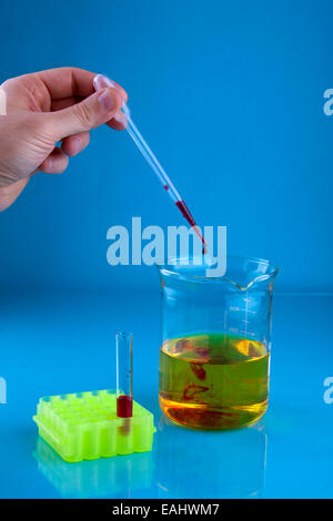 Pipettieren Sie roten Farbstoff in ein Becherglas mit einer gelben Flüssigkeit. Stockfoto