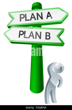 Ein Mann unter Berücksichtigung seiner Optionen durch ein Schild mit der Aufschrift Plan blickte ein oder plan b Stockfoto