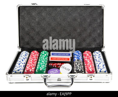 Poker set in gebürstetem Aluminium-Tragetasche Stockfoto