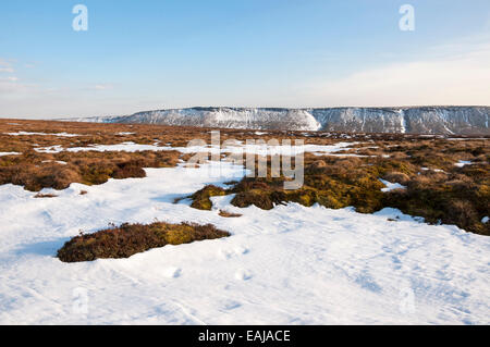 Großer blauer Himmel über einer Moorlandschaft mit Ende des Winterschnee und bunten Moorland Gräser. Schnee im Vordergrund. Stockfoto