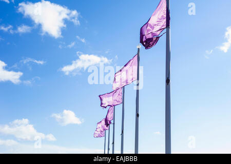 Lila Fahnen an der Küste bei Southend on Sea, Essex. Stockfoto