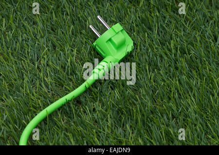 Bild zeigt Grasgrün mit grünem Strom-Stecker Stockfoto