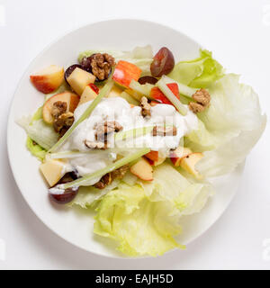 Draufsicht auf eine traditionelle Waldorf-Salat mit Kopfsalat, Apfel, Trauben, Walnüssen und Sellerie-Sticks, garniert mit Salat-Dressing von yo Stockfoto