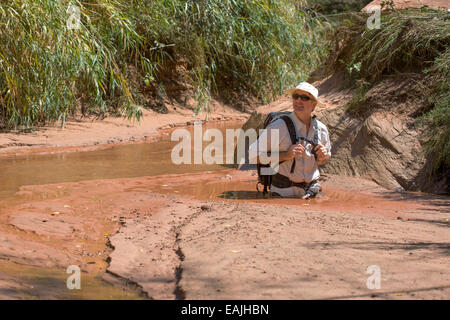 Ein Mann steht im Treibsand im Courthouse Wash im Arches National Park in der Nähe von Moab, Utah. Stockfoto