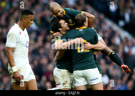 London, UK. 15. November 2014. Südafrikas Jan Serfontein feiert seine Mannschaft erzielte 1. Versuch während Englands Anthony Watson, der sein erste Match beginnt, sieht auf niedergeschlagen - QBE Herbst Internationals - England Vs Südafrika - Twickenham Stadium - London - 15.11.2014 - Pic Charlie Forgham-Bailey/Sportimage. © Csm/Alamy Live-Nachrichten Stockfoto