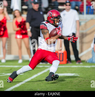 Doppelte Überstunden. 15. November 2014. Utah Utes Wide Receiver Kaelin Clay (8) in Aktion während der NCAA Football-Spiel zwischen der Stanford Cardinal und die Utah Utes im Stanford Stadium in Palo Alto, CA. Stanford unterlag Doppel Überstunden Utah 20-17. Damon Tarver/Cal Sport Media/Alamy Live-Nachrichten Stockfoto