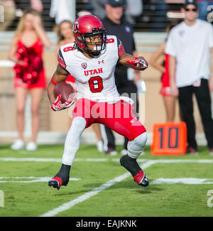 Doppelte Überstunden. 15. November 2014. Utah Utes Wide Receiver Kaelin Clay (8) in Aktion während der NCAA Football-Spiel zwischen der Stanford Cardinal und die Utah Utes im Stanford Stadium in Palo Alto, CA. Stanford unterlag Doppel Überstunden Utah 20-17. Damon Tarver/Cal Sport Media/Alamy Live-Nachrichten Stockfoto