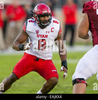 Doppelte Überstunden. 15. November 2014. Utah Utes defensive End Nate Orchard (8) in Aktion während der NCAA Football-Spiel zwischen der Stanford Cardinal und die Utah Utes im Stanford Stadium in Palo Alto, CA. Stanford unterlag Doppel Überstunden Utah 20-17. Damon Tarver/Cal Sport Media/Alamy Live-Nachrichten Stockfoto