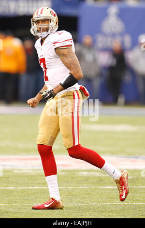 New Jersey, USA. 16. November 2014. 16. November 2014: San Francisco 49ers quarterback Colin Kaepernick (7) reagiert während der NFL-Spiel zwischen den San Francisco 49ers und den New York Giants im MetLife Stadium in East Rutherford, New Jersey. Die San Francisco 49ers gewann 16-10. Bildnachweis: Cal Sport Media/Alamy Live-Nachrichten Stockfoto