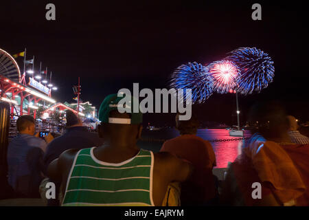 Ein Publikum beobachtet das Feuerwerk am Navy Pier an einem Sommerabend in Chicago, Illinois. Stockfoto