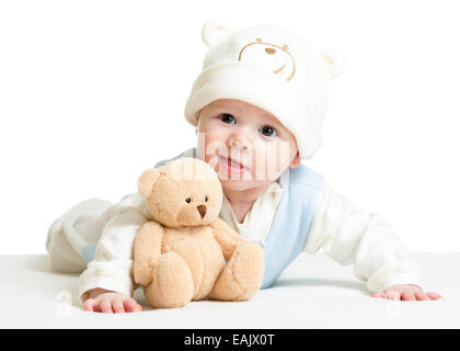 Baby Boy weared lustigen Hut mit Plüsch-Spielzeug Stockfoto