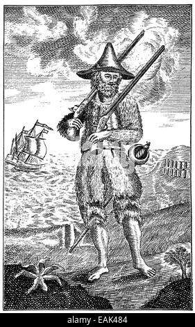 Titel-Illustration of von Robinson Crusoe von Daniel Defoe, 1661-1731, ein englischer Händler, Schriftsteller und Journalist, Historischer D Stockfoto