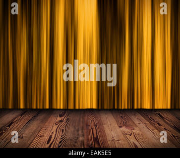 Theater oder Kino dunkel goldenen Vorhang mit Holzbohlen Boden Stockfoto