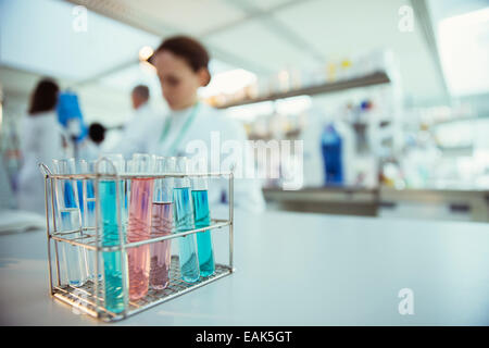 Nahaufnahme von Reagenzgläsern im Rack im Labor Stockfoto
