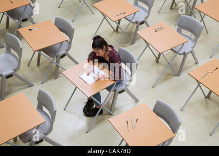 Erhöhten Blick auf einsamen Studentin schreiben ihre GCSE Prüfung im Klassenzimmer Stockfoto