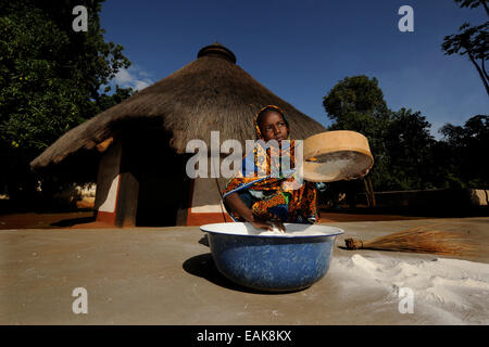 Junges Mädchen sieben Mehl in das Dorf Idool, Idool, Adamawa Region, Kamerun Stockfoto