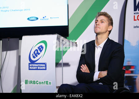 London, UK. 17. November 2014. Steve Brown, GB Mannschaftskapitän bei internationalen Rollstuhl Rugby Verband (IWRF) / Groß Britannien-Rollstuhl-Rugby-Verband (GBWRF) Präsentation während die IRB World Rugby Conference and Exhibition in London. Bildnachweis: Elsie Kibue/Alamy Live-Nachrichten Stockfoto