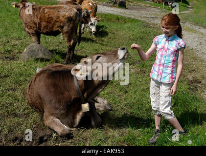 Mädchen, 11 Jahre, mit einem Berg Kuh auf einer Weide, unteren Alm, niedrigere Alm, Kappeler Alp, Nesselwang, Schwaben, Bayern Stockfoto