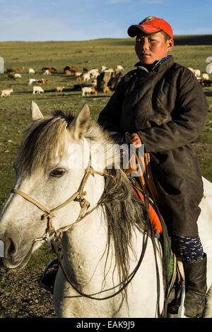 Mann auf einem Pferd in der Mongolei Stockfoto