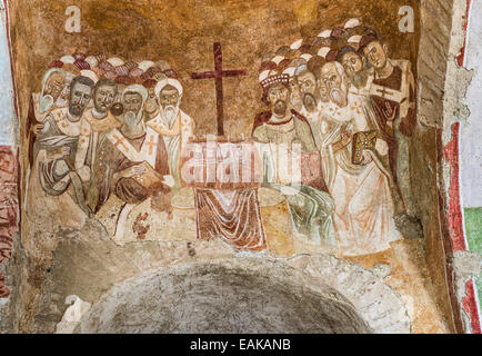 Erstes Konzil von Nicäa, Kaiser Constantine I 325, byzantinische Fresken in der Basilika des Heiligen Nikolaus, Myra, Demre, Antalya Stockfoto