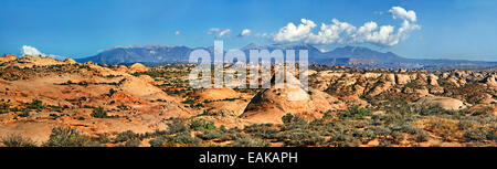 Mit Blick auf den versteinerten Dünen in Richtung La Sal Mountains in der Ferne, Arches-Nationalpark, in der Nähe von Moab, Utah Stockfoto