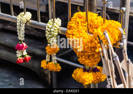 Ringelblume-Blumen-Girlande in einem buddhistischen Tempel in Bangkok, thailand Stockfoto