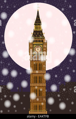 Das Londoner Wahrzeichen Big Ben Clocktower um Mitternacht von einem Vollmond und Schneeflocken Stockfoto