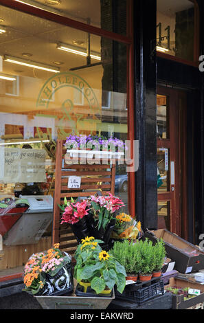 Blumen für den Verkauf an eine Vollwertkost, Bio-Laden auf der trendigen "Finnieston Streifen" in der Argyle Street in Glasgow, Schottland Stockfoto