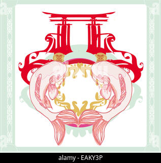 Japanische Koi und alte Gebäude - Frame abstrakt Stockfoto