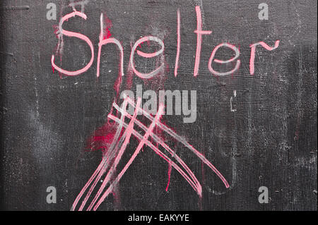 Tierheim-Wort und einfachen Diagramm in roter Kreide auf einer Tafel Stockfoto