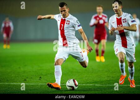 2014.11.14, Tiflis, Georgien, Tbilisi, Fußball, UEFA EURO 2016-Qualifikation, Georgien - Polen. n Z [Arkadiusz Milik] (Polska) Fot. Lukasz Skwiot/Foto Olimpik Stockfoto