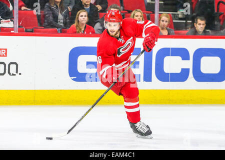 Raleigh, North Carolina, USA. 10. November 2014. Carolina Hurricanes center Elias Lindholm (16) während der NHL-Spiel zwischen den Calgary Flames und die Carolina Hurricanes in der PNC-Arena. Die Carolina Hurricanes besiegten die Calgary Flames 4-1. © Andy Martin Jr./ZUMA Draht/Alamy Live-Nachrichten Stockfoto