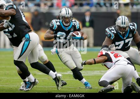 Charlotte, NC, USA. 16. November 2014. Carolina Panthers Runningback DeAngelo Williams #34 findet ein Loch in der defensive Line in der NFL-Spiel gegen die Atlanta Falcons bei Bank of America Stadium am 16. November 2014 in Charlotte, North Carolina. Die Falken besiegt die Panthers 19-17. Margaret Bowles/CSM/Alamy Live-Nachrichten Stockfoto